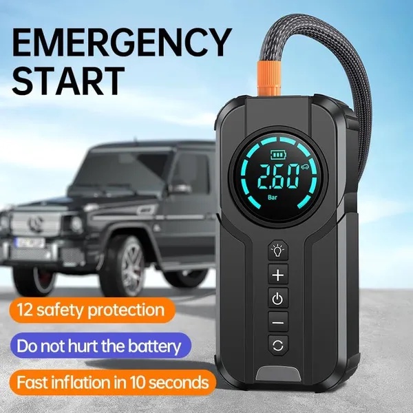 جهاز المنقذ متعدد الوظائف دينكس DENX - مشغل بطارية سيارات ومنفاخ إطارات 150 PSI مع كشاف طوارئ وباور بانك 6000mAh ضمان عام