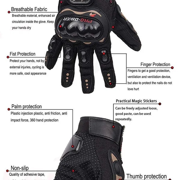 قفازات دراجة نارية واقية كاملة الأصابع مع حماية من ألياف الكربون ودعم الشاشات اللمسية - Bike Gloves Carbon Fiber