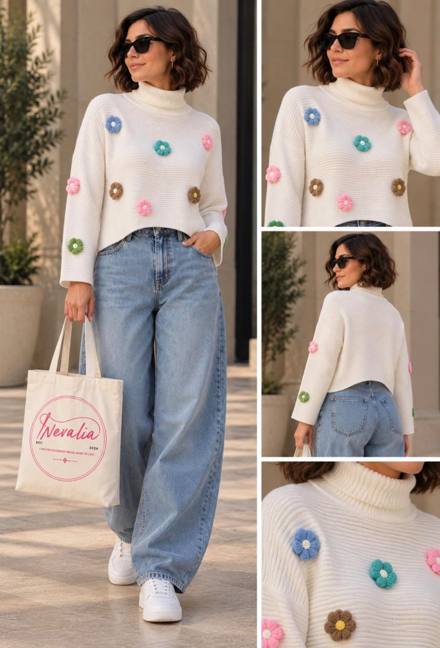 Ivory Ribbed Knit Sweater with Crochet Flowers