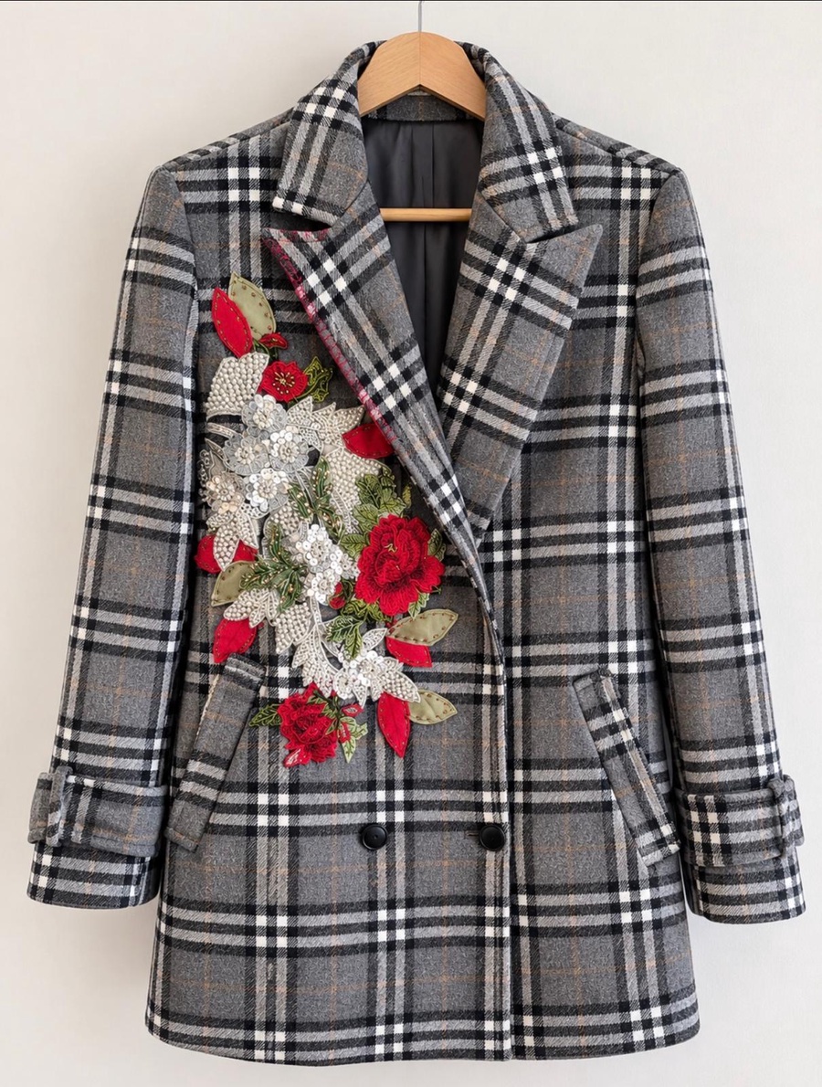 Grey Plaid Floral Embroidered Sequin Blazer