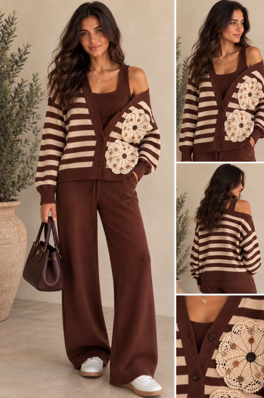 Chocolate Brown Three-Piece Knit Set for Women