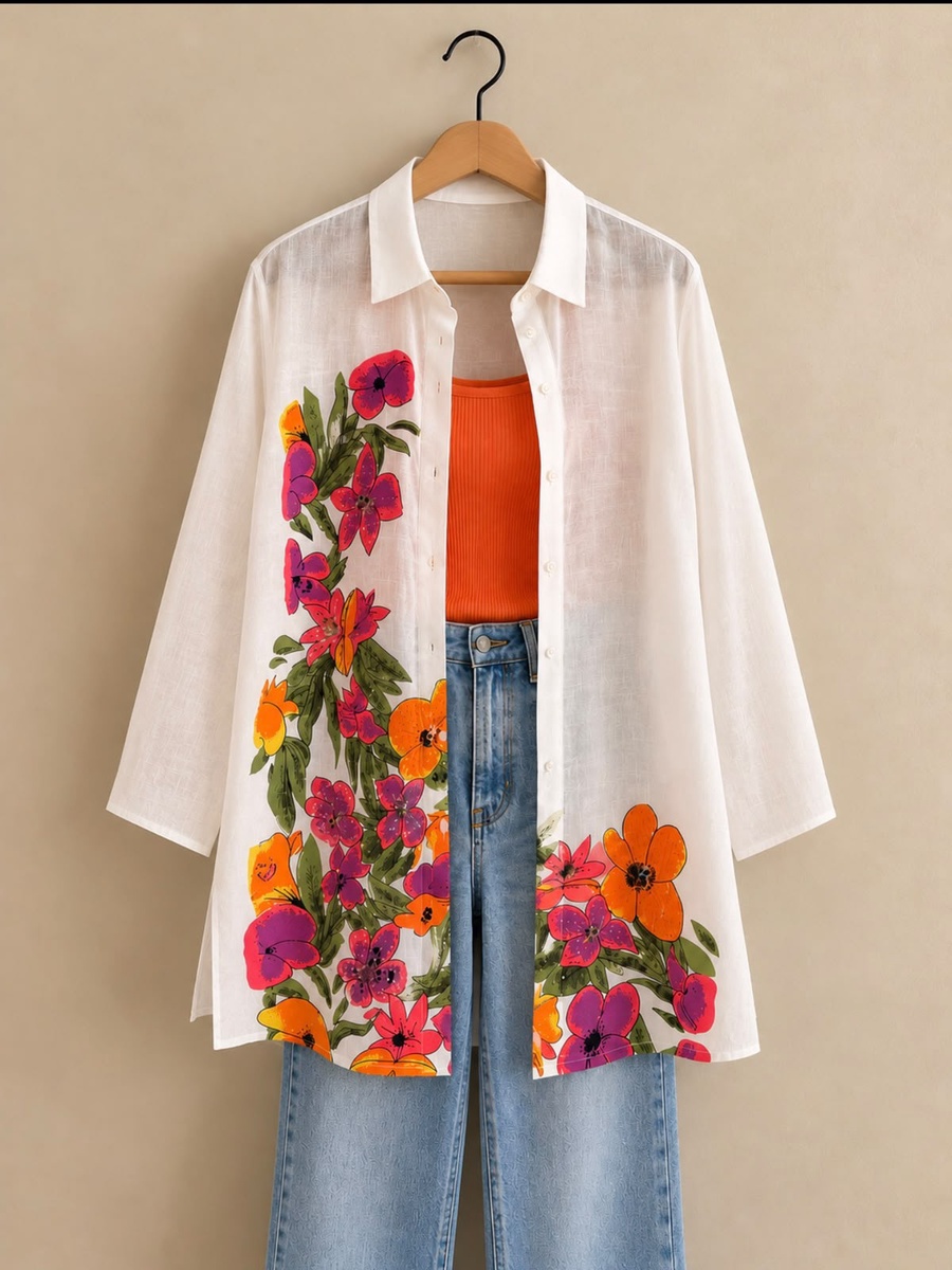 White Linen Floral Print Shirt for Women