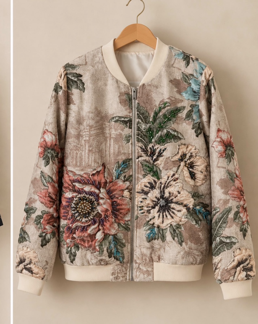 Floral Beaded Cropped Bomber Jacket