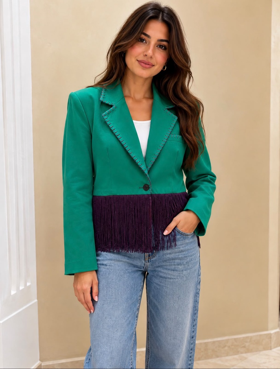 Emerald Green Blazer with Purple Fringe Hem