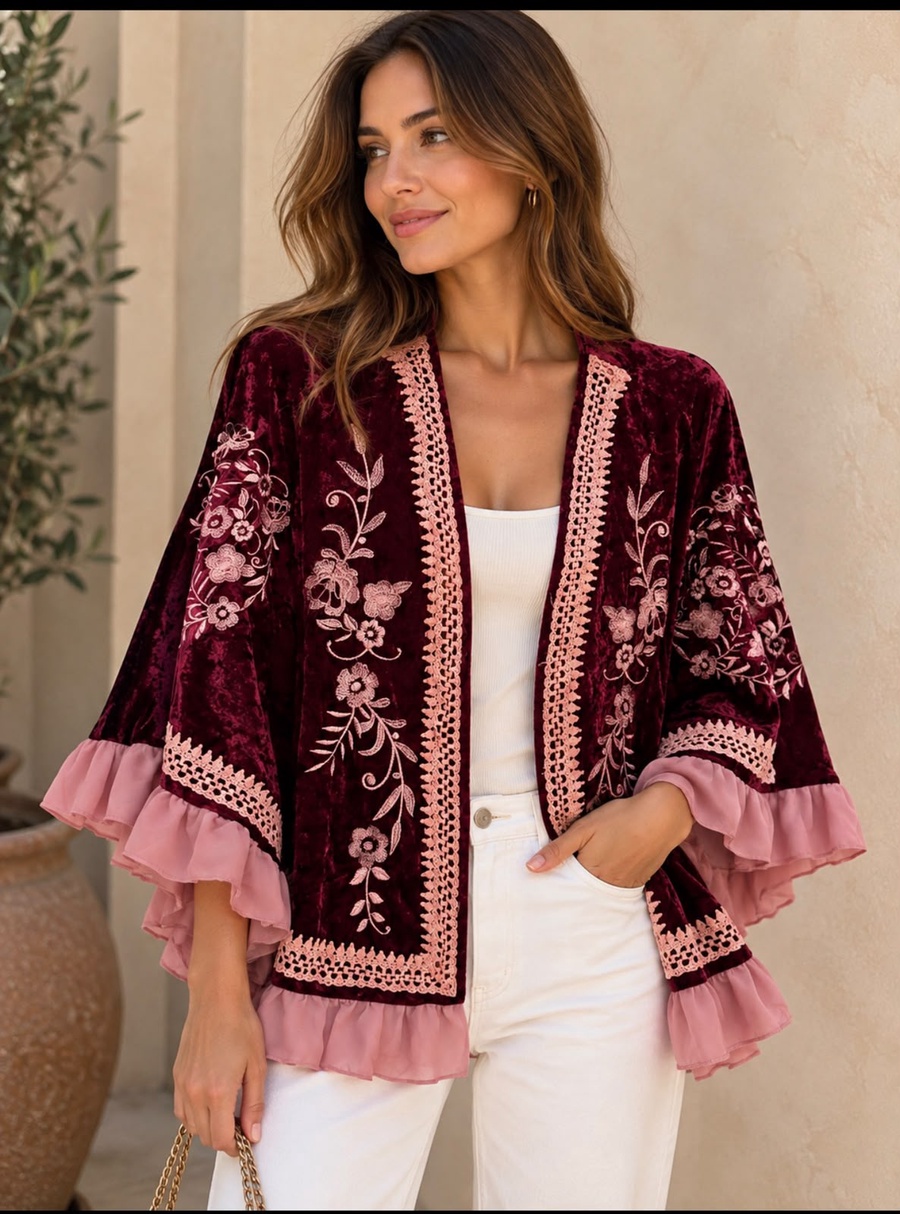 Burgundy Velvet Floral Embroidered Kimono
