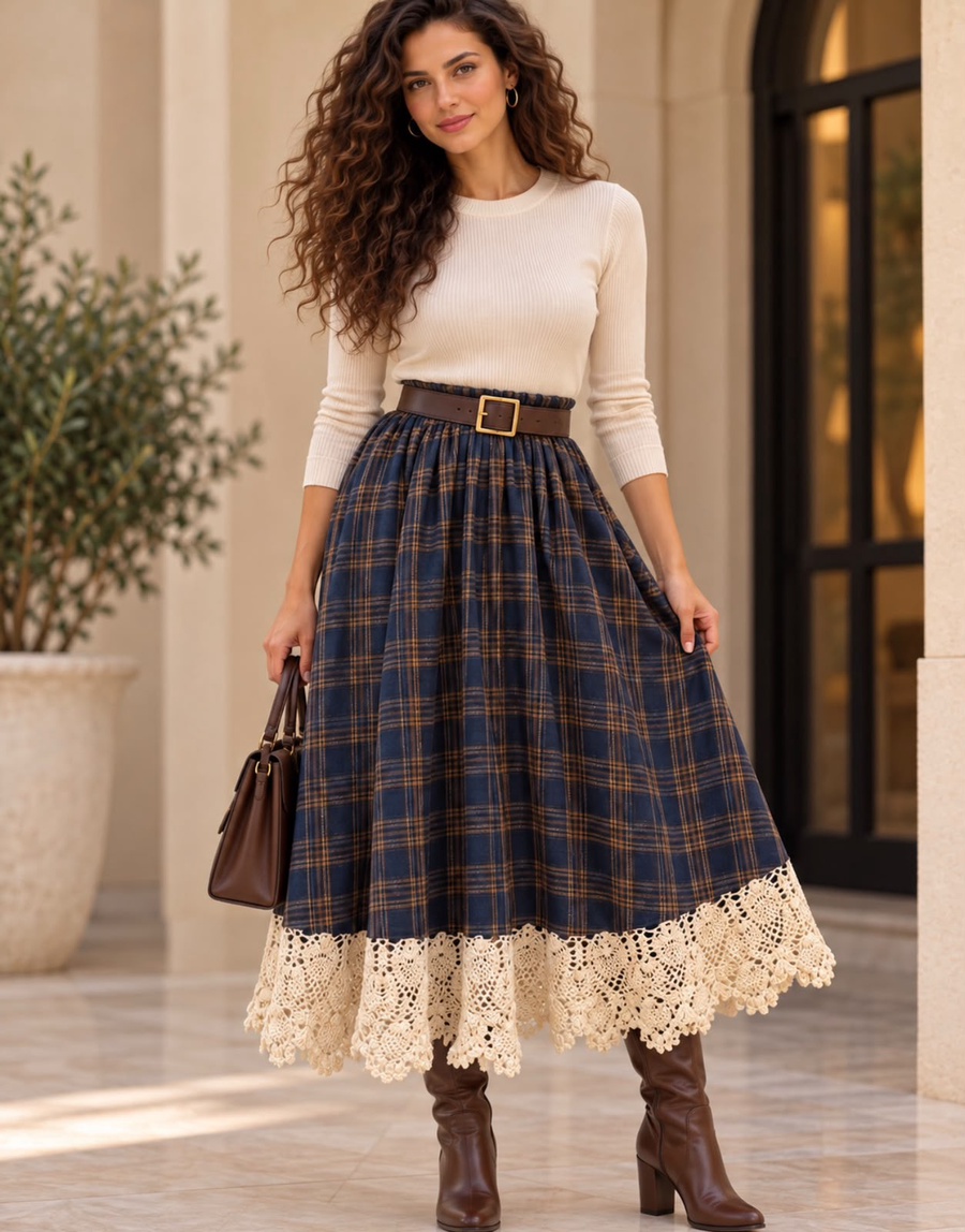 Navy Blue Plaid Maxi Skirt with Crochet Lace Hem