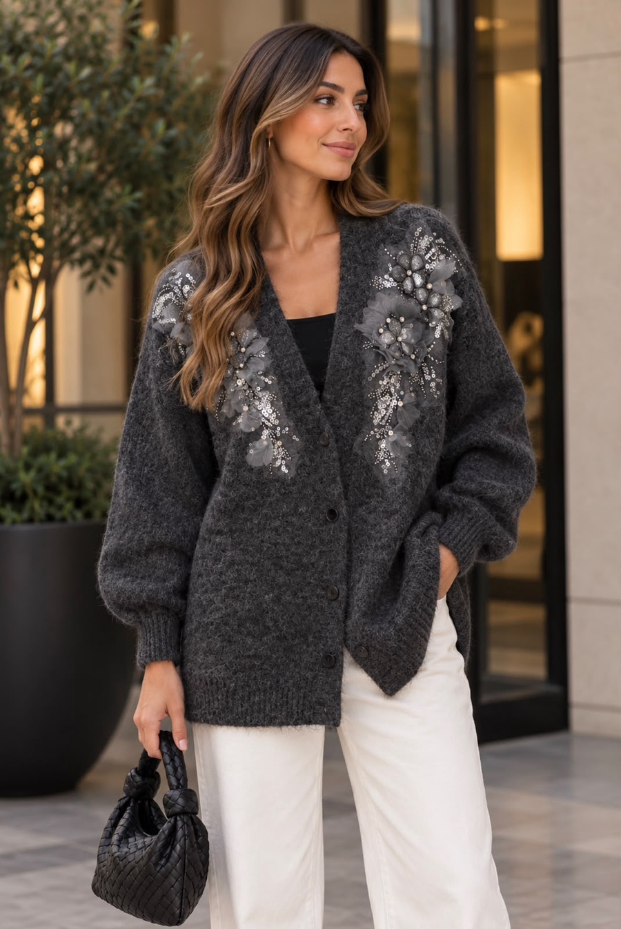 Charcoal Grey Floral Embellished Fuzzy Cardigan
