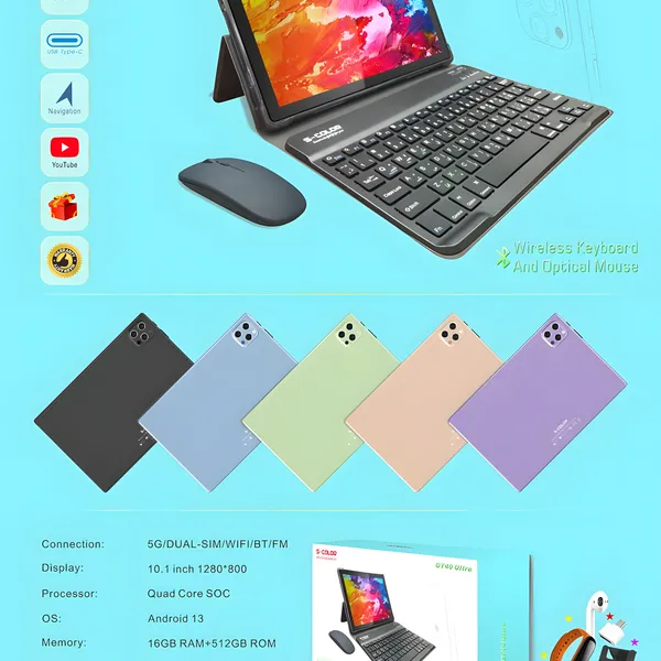 تابلت Tablet GT 40 بشاشة 10.1 بوصة - ذاكرة 512GB، رام 16GB، دعم 5G مع كيبورد وماوس وبطارية 7000mAh