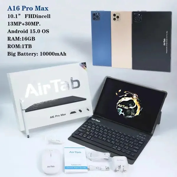 تابلت ايرتاب Air Tab A16 Pro Max بشاشة 10.1 بوصة FHD - ذاكرة 1 تيرا، رام 16 جيجابايت، نظام أندرويد 15 مع مجموعة ملحقات كاملة (كيبورد وماوس) وضمان 6 شهور