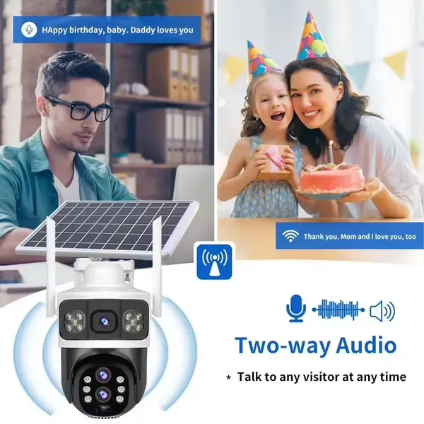 كاميرا مراقبة ذكية لاسلكية بالطاقة الشمسية بدقة 4K 8MP - عدسة مزدوجة، تقريب 10x، دعم 4G/5G، ورؤية ليلية ملوّنة مقاومة للماء IP66