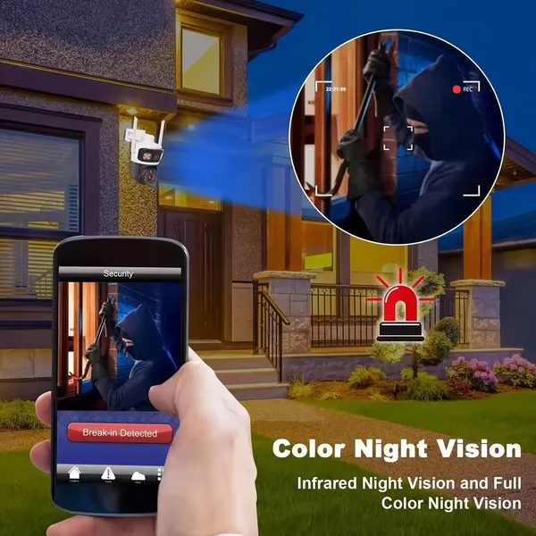 كاميرا مراقبة ذكية لاسلكية بالطاقة الشمسية بدقة 4K 8MP - عدسة مزدوجة، تقريب 10x، دعم 4G/5G، ورؤية ليلية ملوّنة مقاومة للماء IP66