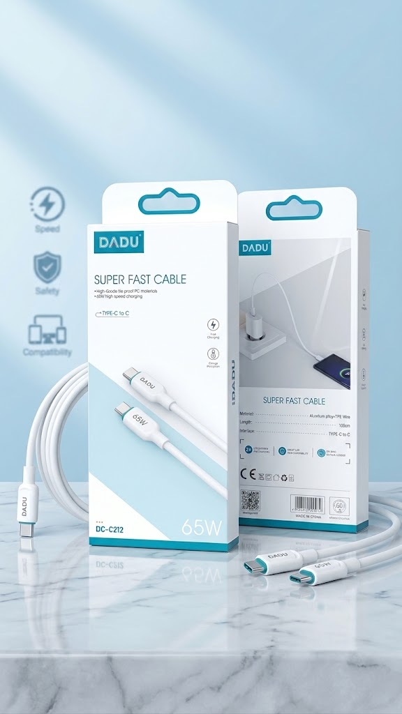 كابل شحن سريع دادو DC-C212 بقوة 65 واط من النوع C إلى النوع C (Type-C to Type-C) لطول 1 متر - لون أبيض