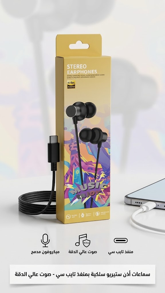 سماعات أذن ستيريو سلكية Hi-Res Audio بمنفذ تايب سي (Type-C) - أسود