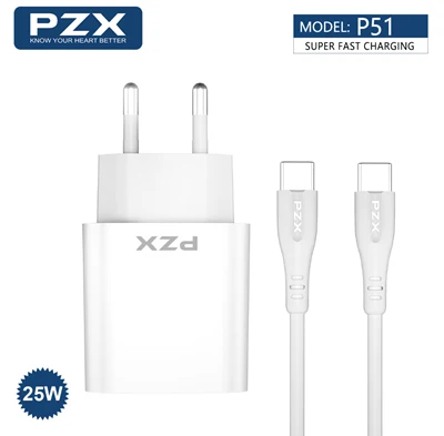شاحن سريع PZX-P51 بقوة 25 واط مع كابل تايب سي إلى تايب سي - أبيض