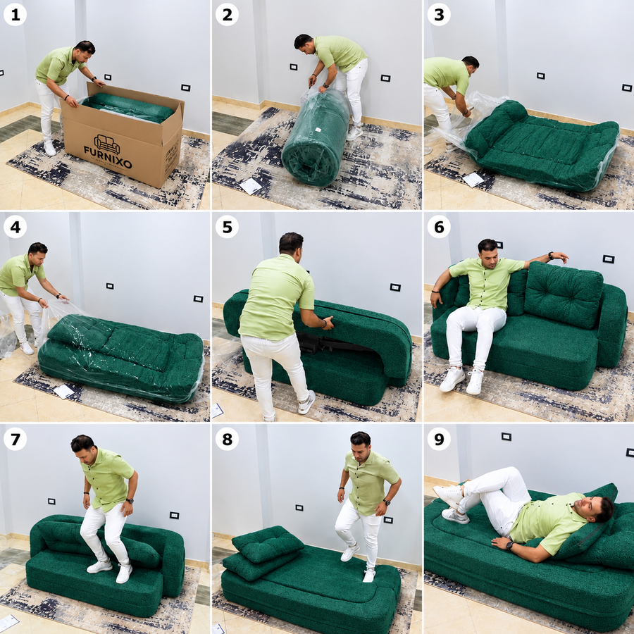 فورنكسو - FURNIXO كنبة سرير قابلة للتحويل 2 في 1 – إسفنج مضغوط بدون أخشاب – لون #14- أخضر زيتوني