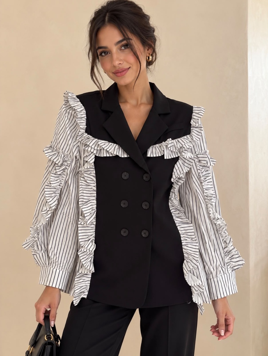 Women's Black Blazer with Striped Ruffle Sleeves