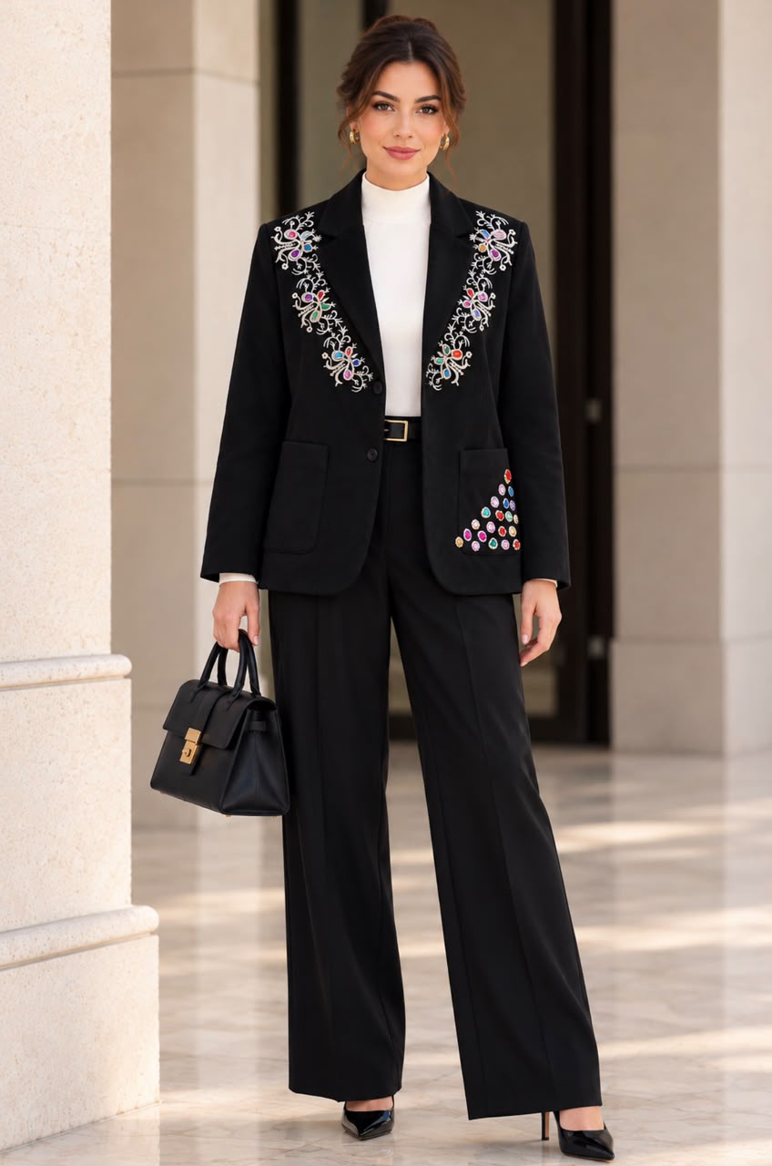 Women's Black Embellished Blazer with Colorful Floral Embroidery