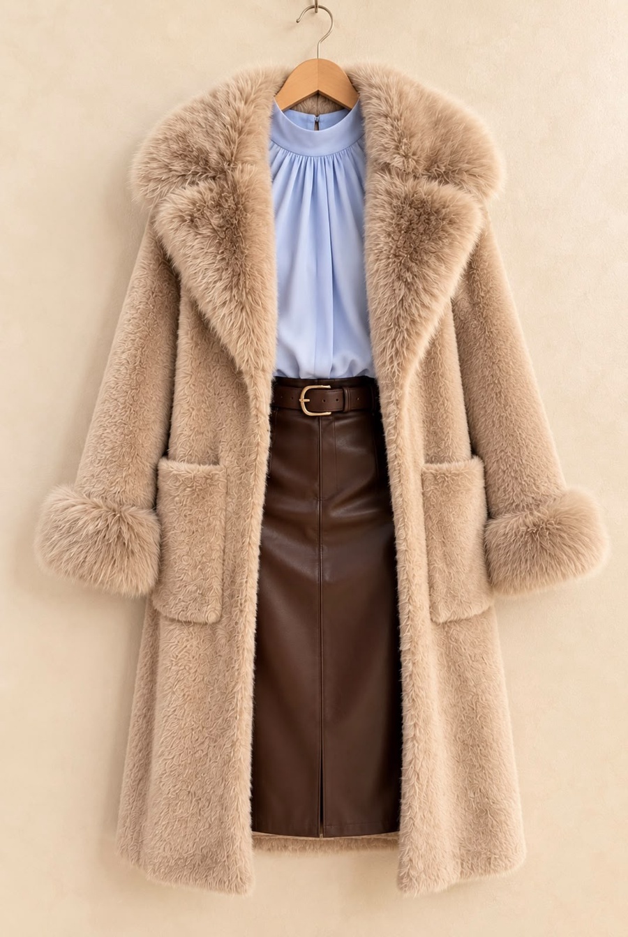 Women's Beige Faux Fur Coat with Oversized Collar