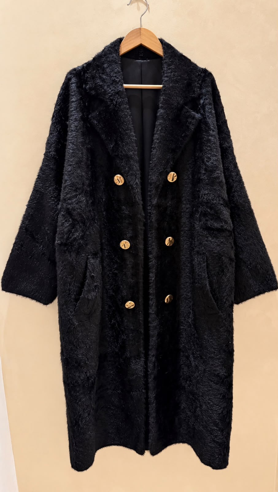 Women's Black Faux Fur Coat with Gold Buttons – Long Double-Breasted Winter Coat
