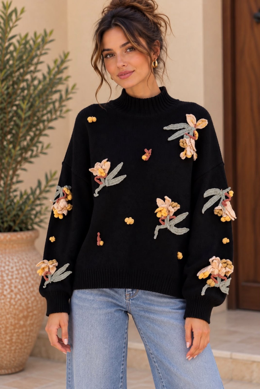 Women's Black Knit Sweater with Pastel Floral Embroidery