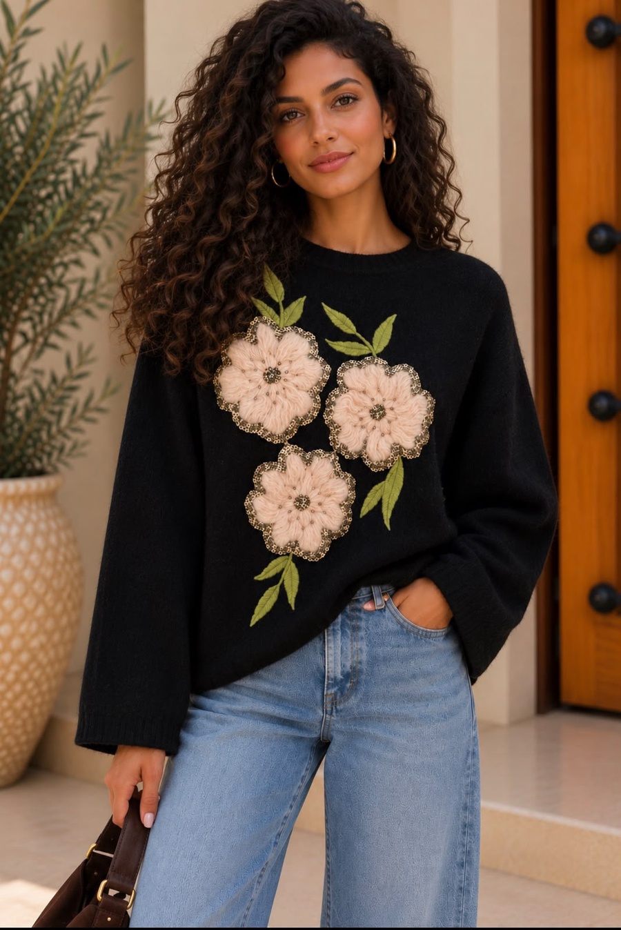 Women's Black Knit Sweater with 3D Floral Appliqués