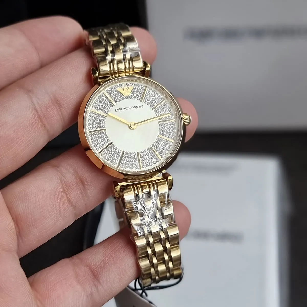 Original Emporio Armani Gianni T Bar Analog Crystals Gold Dial Gold Steel Strap Watch For Women – AR11608