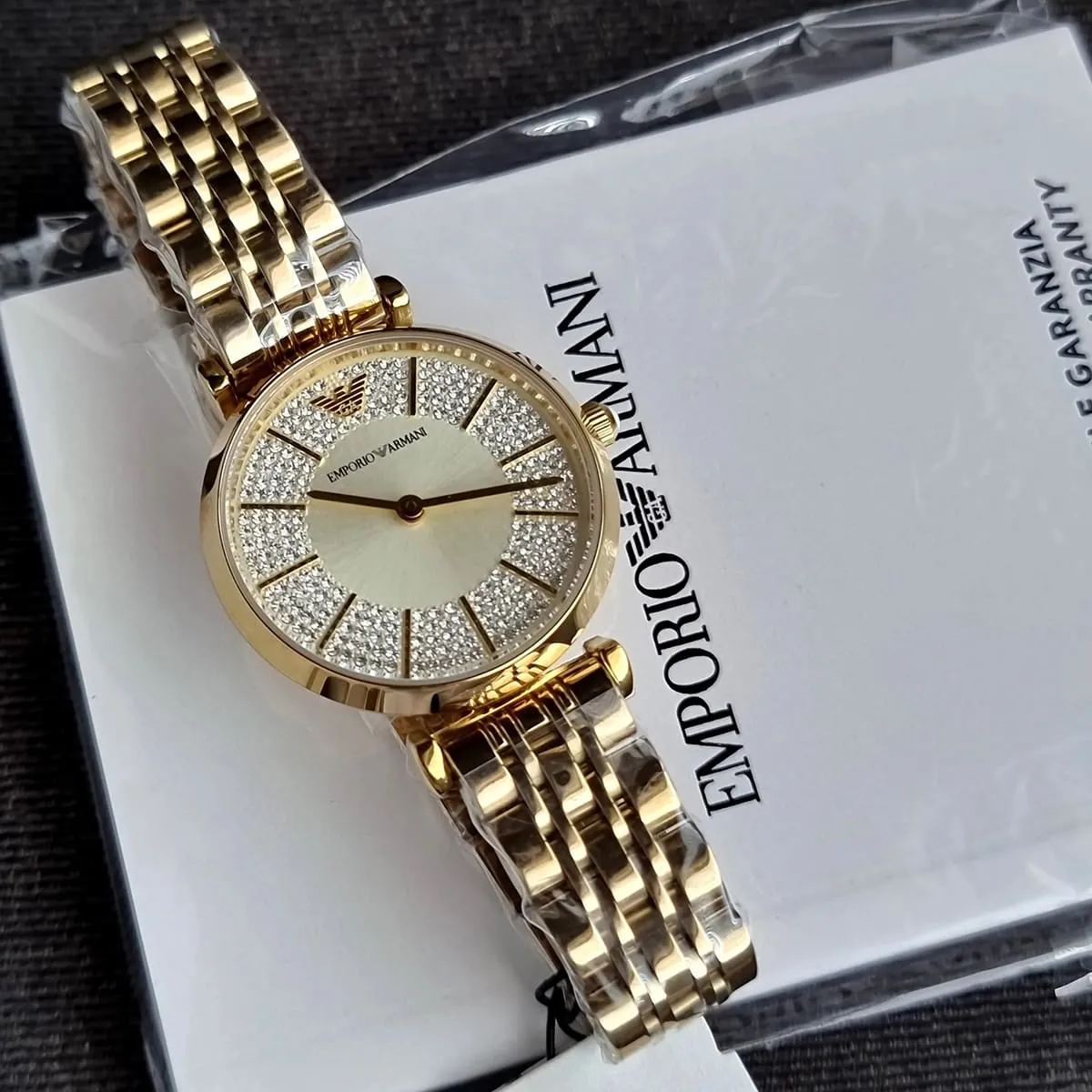 Original Emporio Armani Gianni T Bar Analog Crystals Gold Dial Gold Steel Strap Watch For Women – AR11608