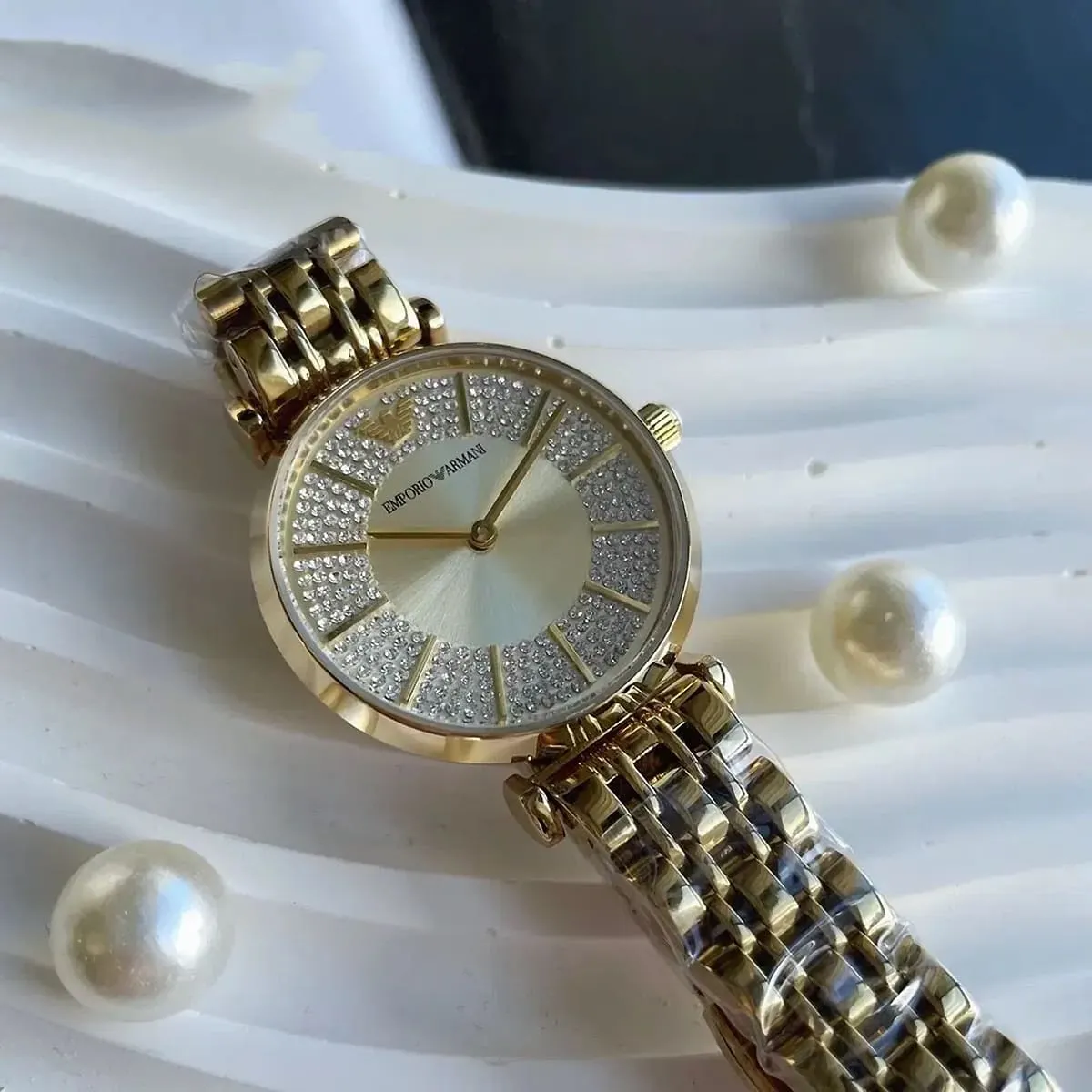 Original Emporio Armani Gianni T Bar Analog Crystals Gold Dial Gold Steel Strap Watch For Women – AR11608