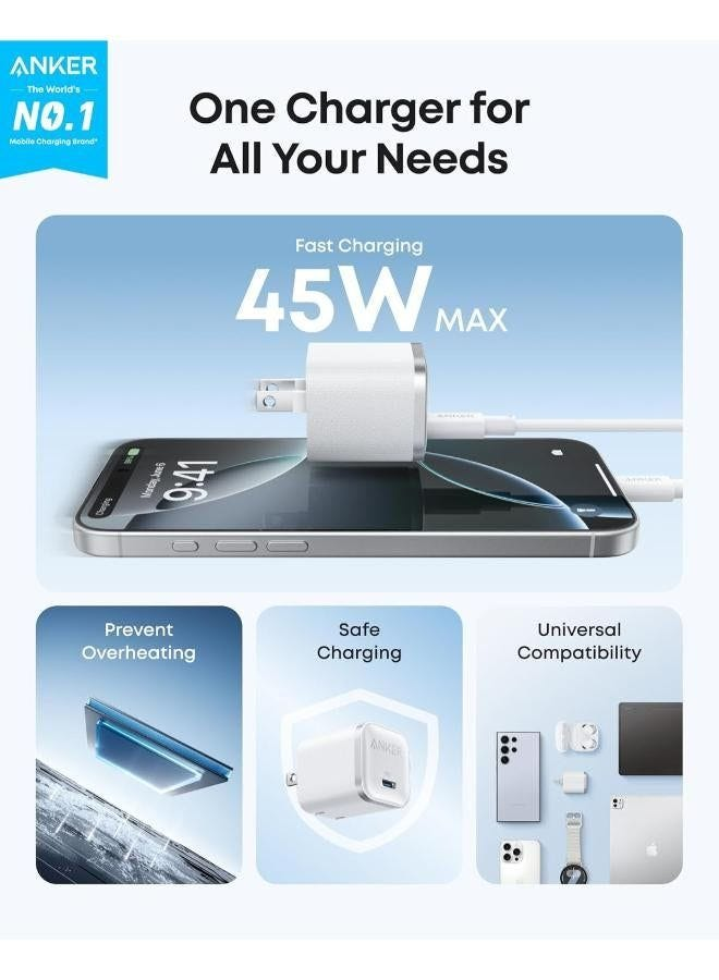رأس شاحن جداري انكر 45 واط سريع يو اس بي سي ابيض (بدون كابل) - Anker 45W USB-C Charger 