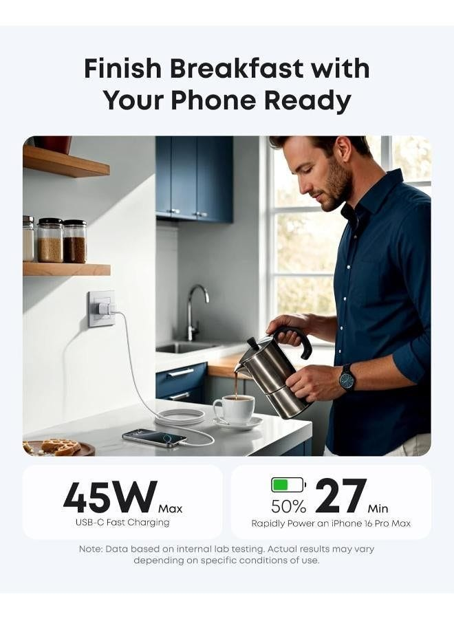 رأس شاحن جداري انكر 45 واط سريع يو اس بي سي ابيض (بدون كابل) - Anker 45W USB-C Charger 