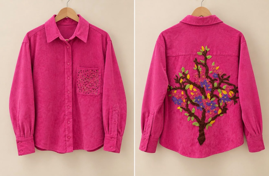 Women's Fuchsia Pink Corduroy Shirt with Floral Tree Embroidery