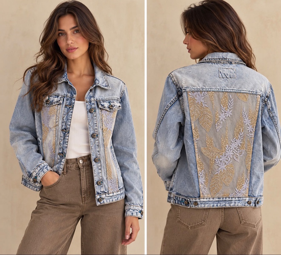 Women's Light Wash Denim Jacket with Floral Embroidery