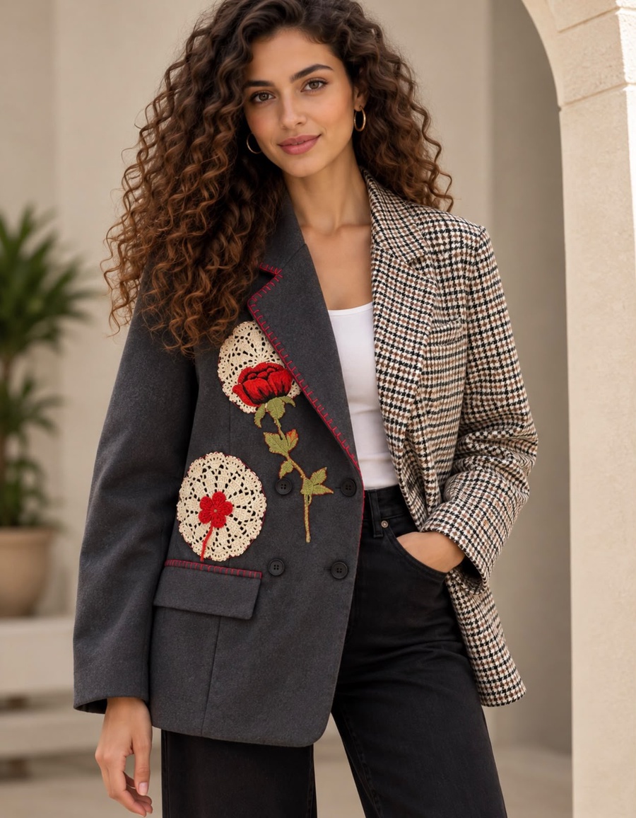 Women's Two-Tone Houndstooth Blazer with Red Rose Embroidery