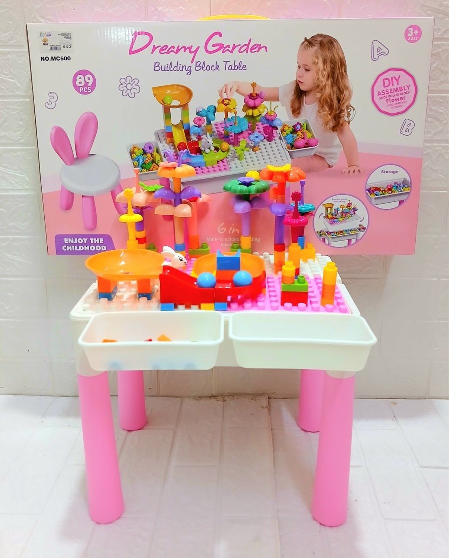 🎀🧩 ترابيزة ليجو بينك رولينج بول ومكعبات ورود - 89 قطعة 🌸✨