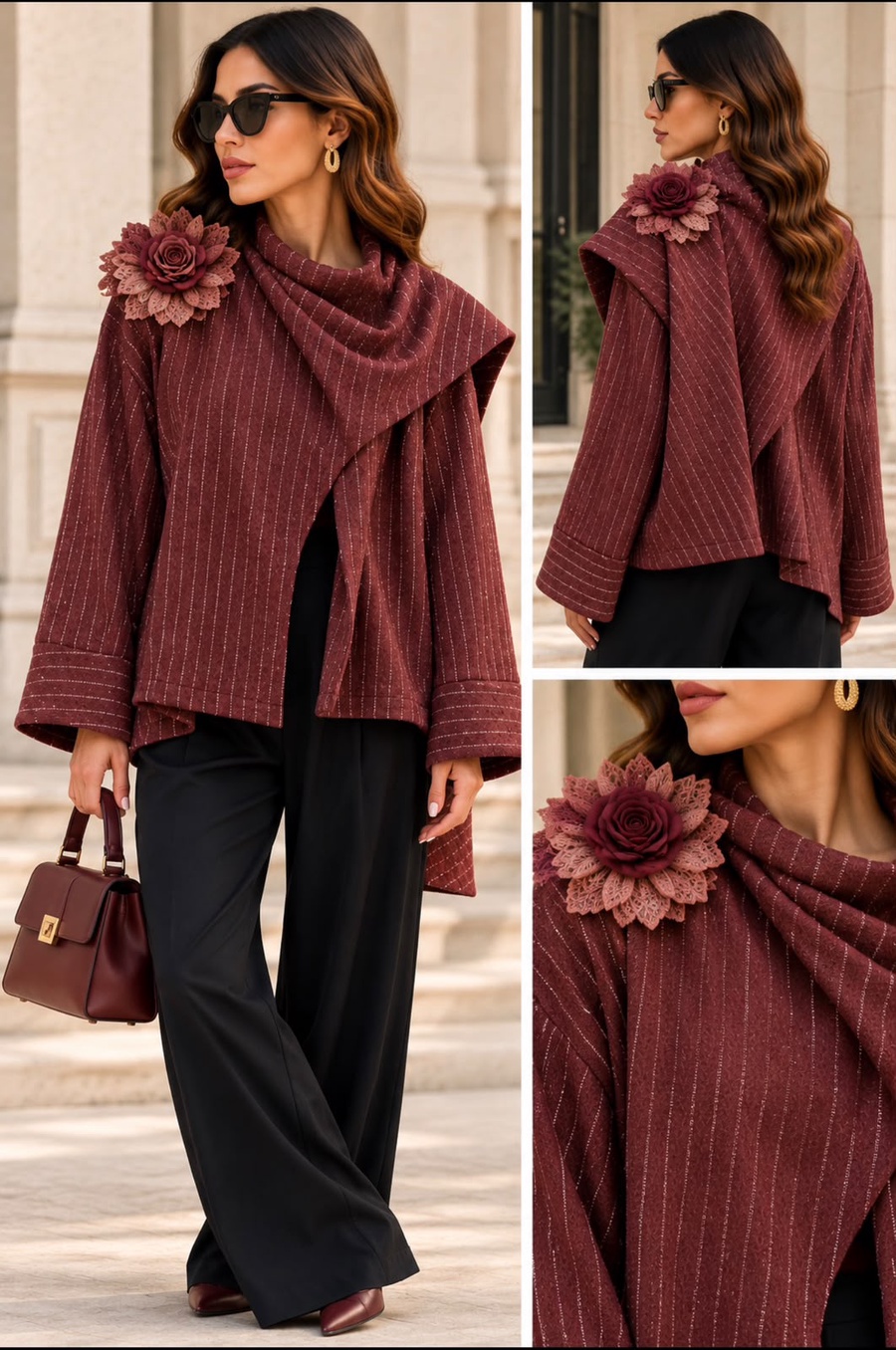 Burgundy Pinstripe Jacket with Floral Shoulder Detail