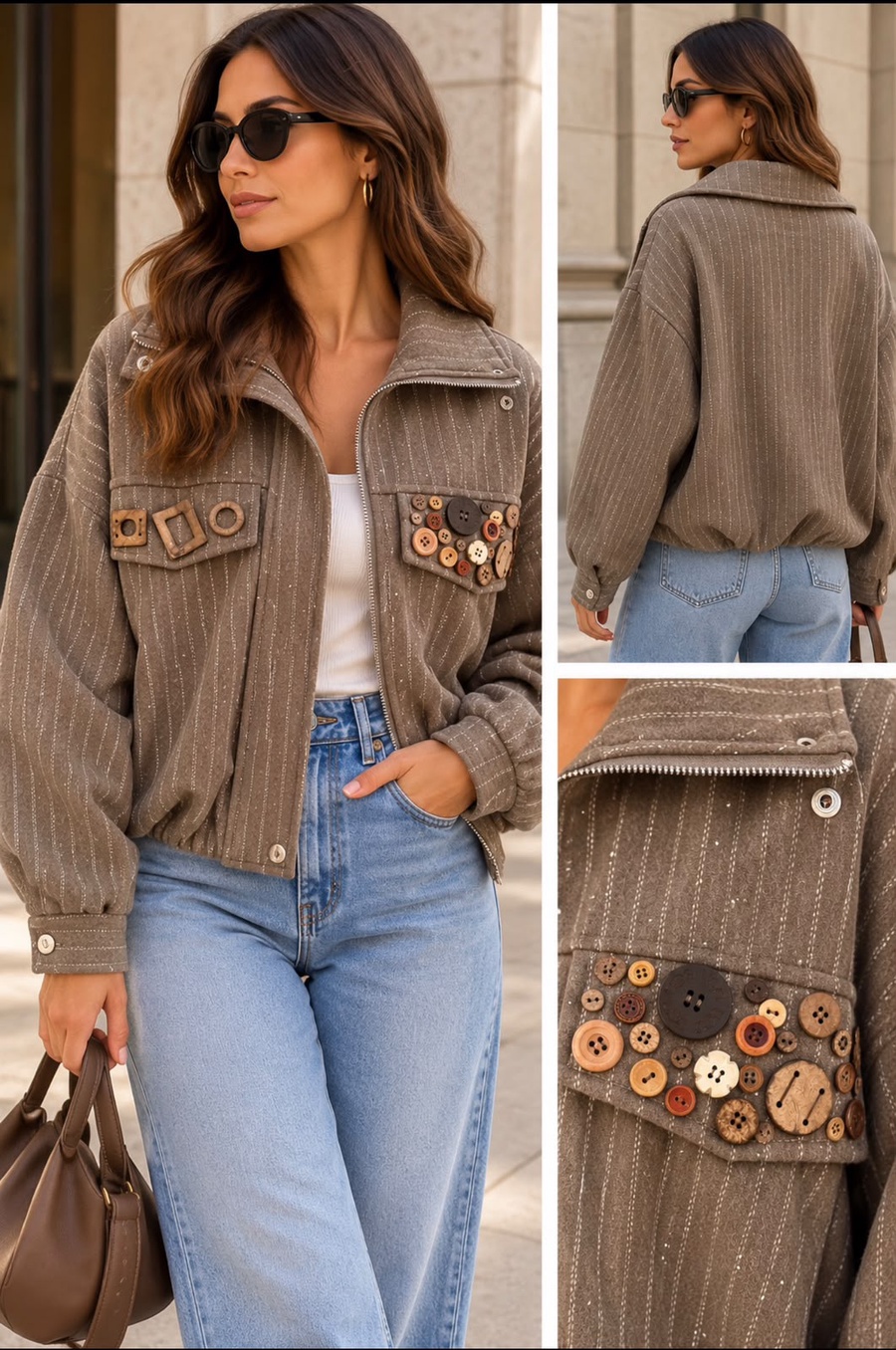 Cropped Pinstripe Jacket with Sparkle Details