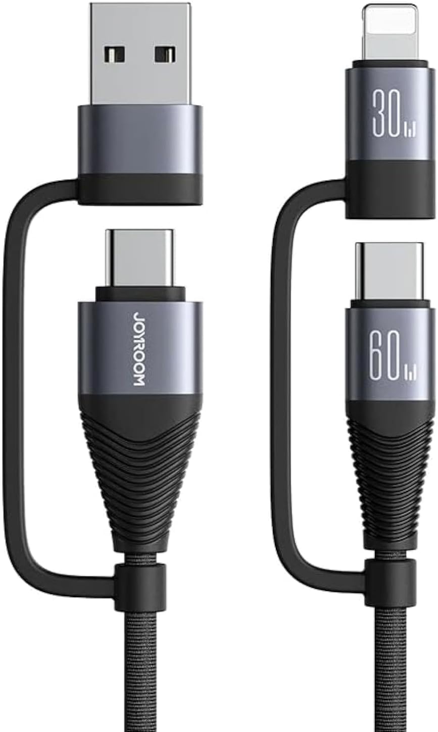 joyroom Fast Charging Data Cable (4- in – 1) (Type – C TO Lightning 30W) (Type – C TO Type – C   60W) (USB – A To Lightning / USB – A To Type – C   3A) (1.2M)  S-A37 جوي رووم فاست تشارجر داتا كابل (4 في 1) (تايب سي – تو – لايتينج 30 وات) (تايب سي – تو – تايب سي 60 وات) (يو إس بي – إيه - تو – لايتينج / يو إس بي – إيه – تو – تايب سي 3 أمبير) (1.2 متر) 