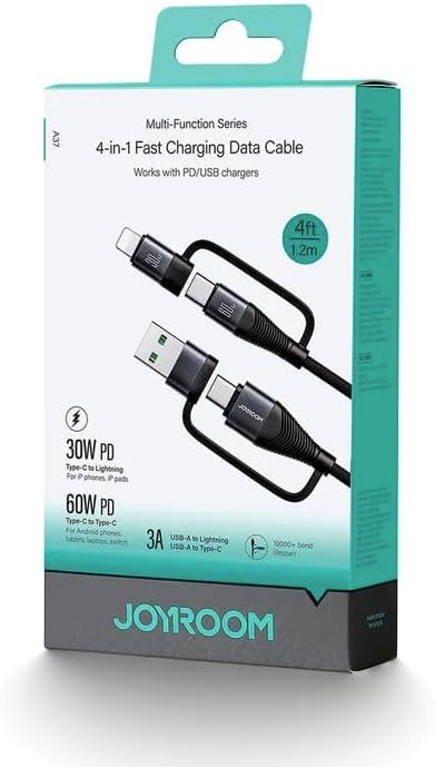joyroom Fast Charging Data Cable (4- in – 1) (Type – C TO Lightning 30W) (Type – C TO Type – C   60W) (USB – A To Lightning / USB – A To Type – C   3A) (1.2M)  S-A37 جوي رووم فاست تشارجر داتا كابل (4 في 1) (تايب سي – تو – لايتينج 30 وات) (تايب سي – تو – تايب سي 60 وات) (يو إس بي – إيه - تو – لايتينج / يو إس بي – إيه – تو – تايب سي 3 أمبير) (1.2 متر) 