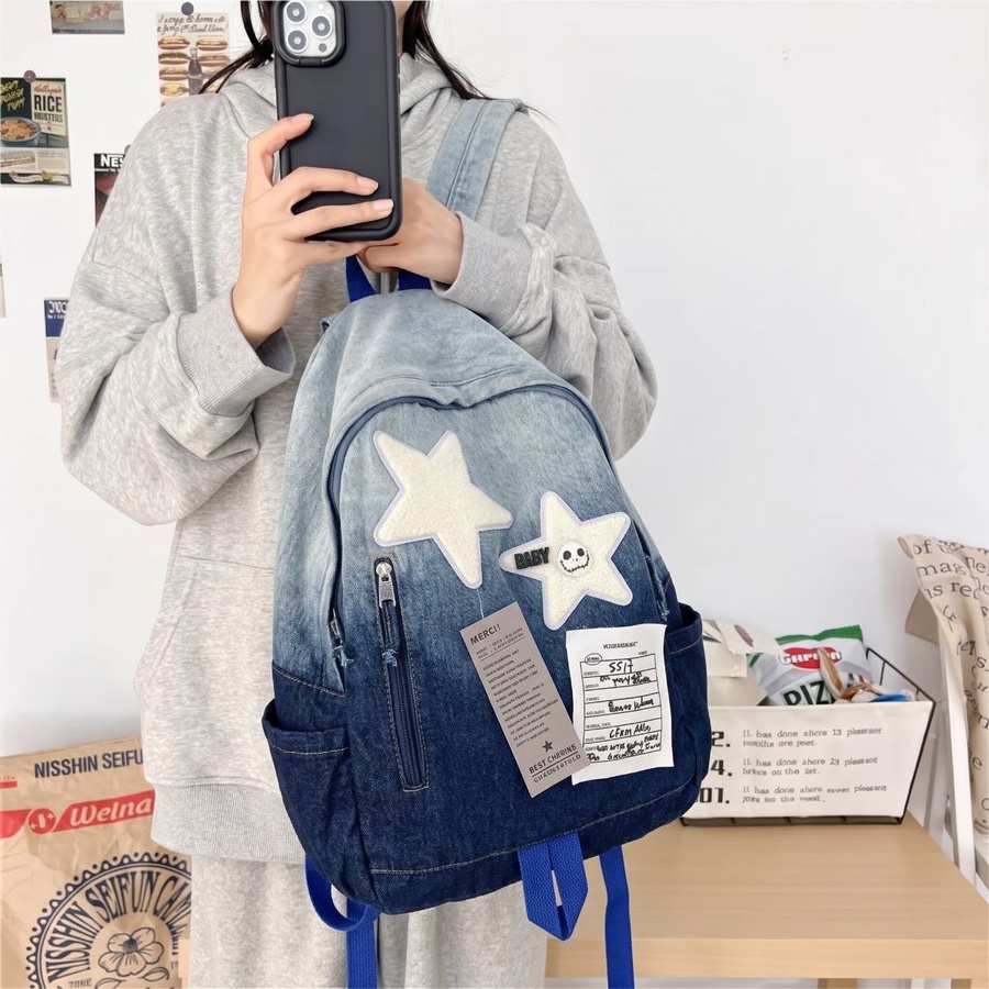 شنطة ظهر جينز بناتي (Washed Denim) مزودة بنجوم - تريندي وعملية | Demand & Beyond