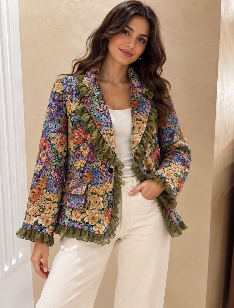 Floral Tapestry Jacket with Olive Green Lace Ruffles