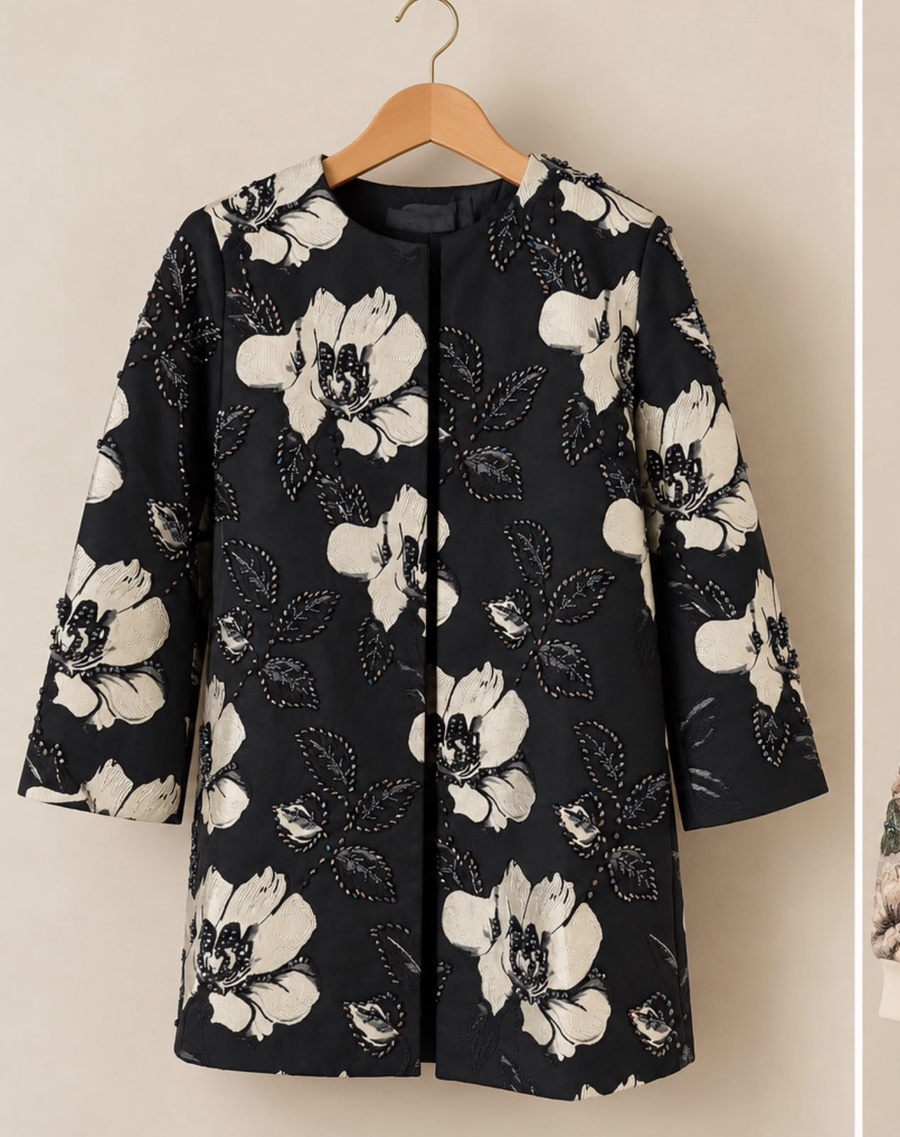 Black Coat with Ivory Floral Patterns and Beadwork