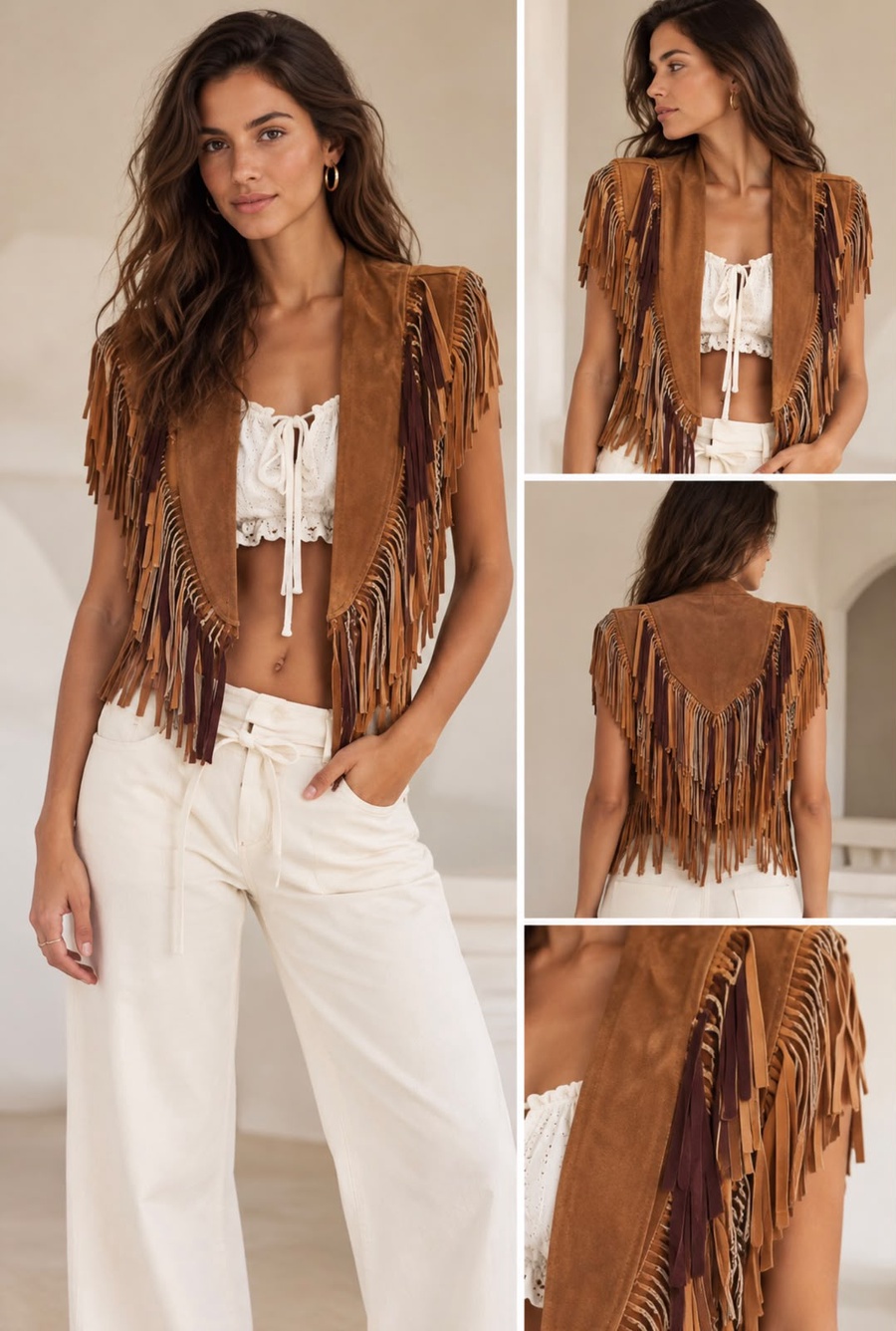 Camel Brown Suede Fringe Vest for Women