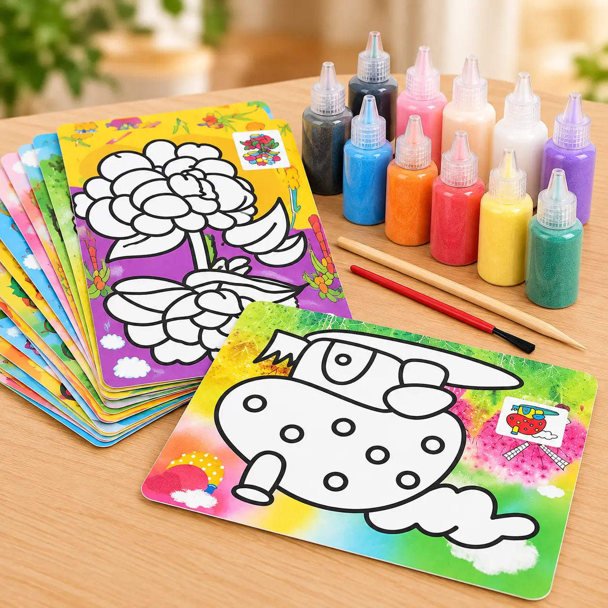 طقم الرسم بالرمل الملون للأطفال – 12 لوحة | Kids Sand Painting Kit – 12 Pic