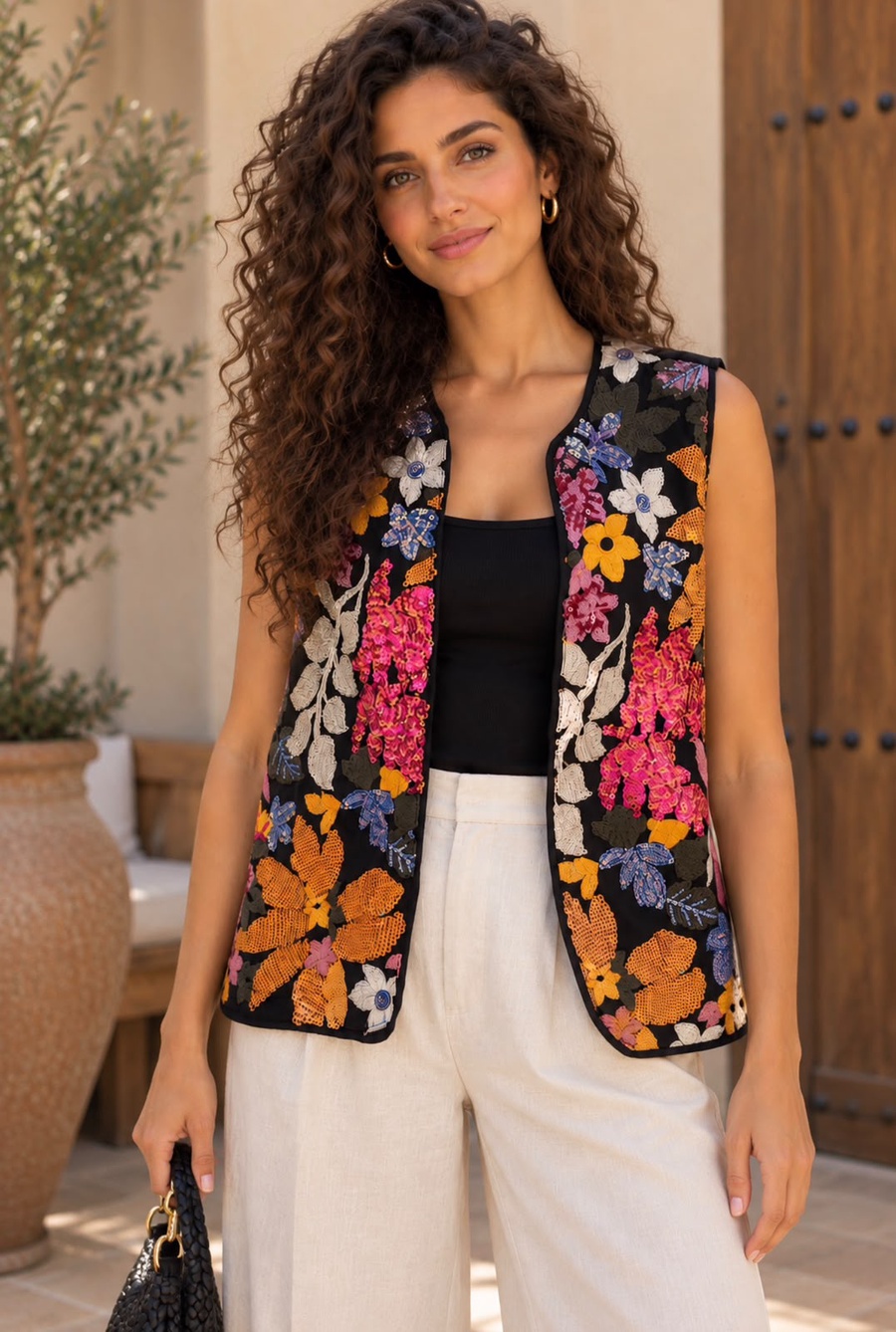 Black Floral Embroidered Vest with Colorful Sequins