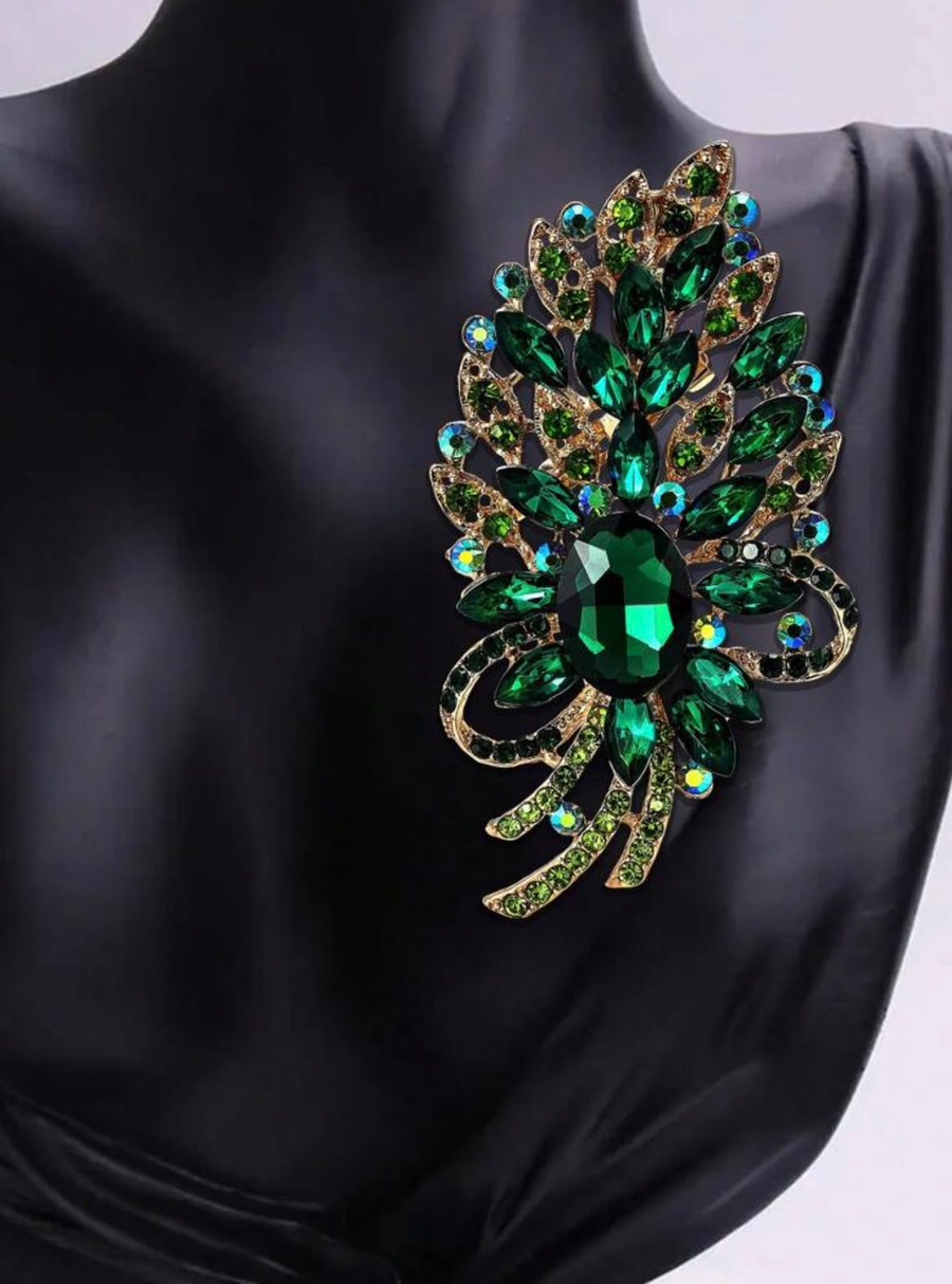Emerald Green Crystal Floral Brooch for Women