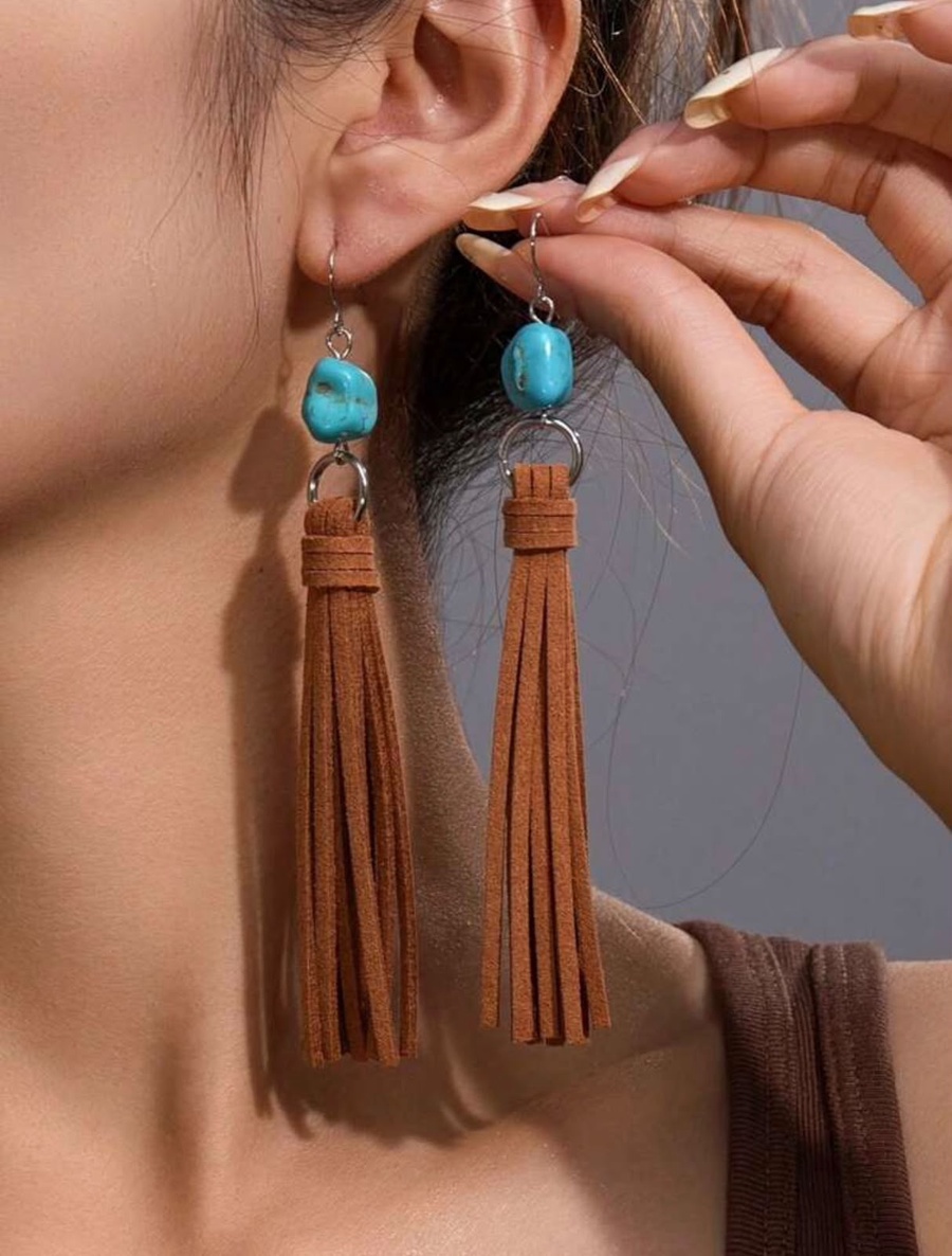Turquoise Beaded Drop Earrings with Suede Tassels