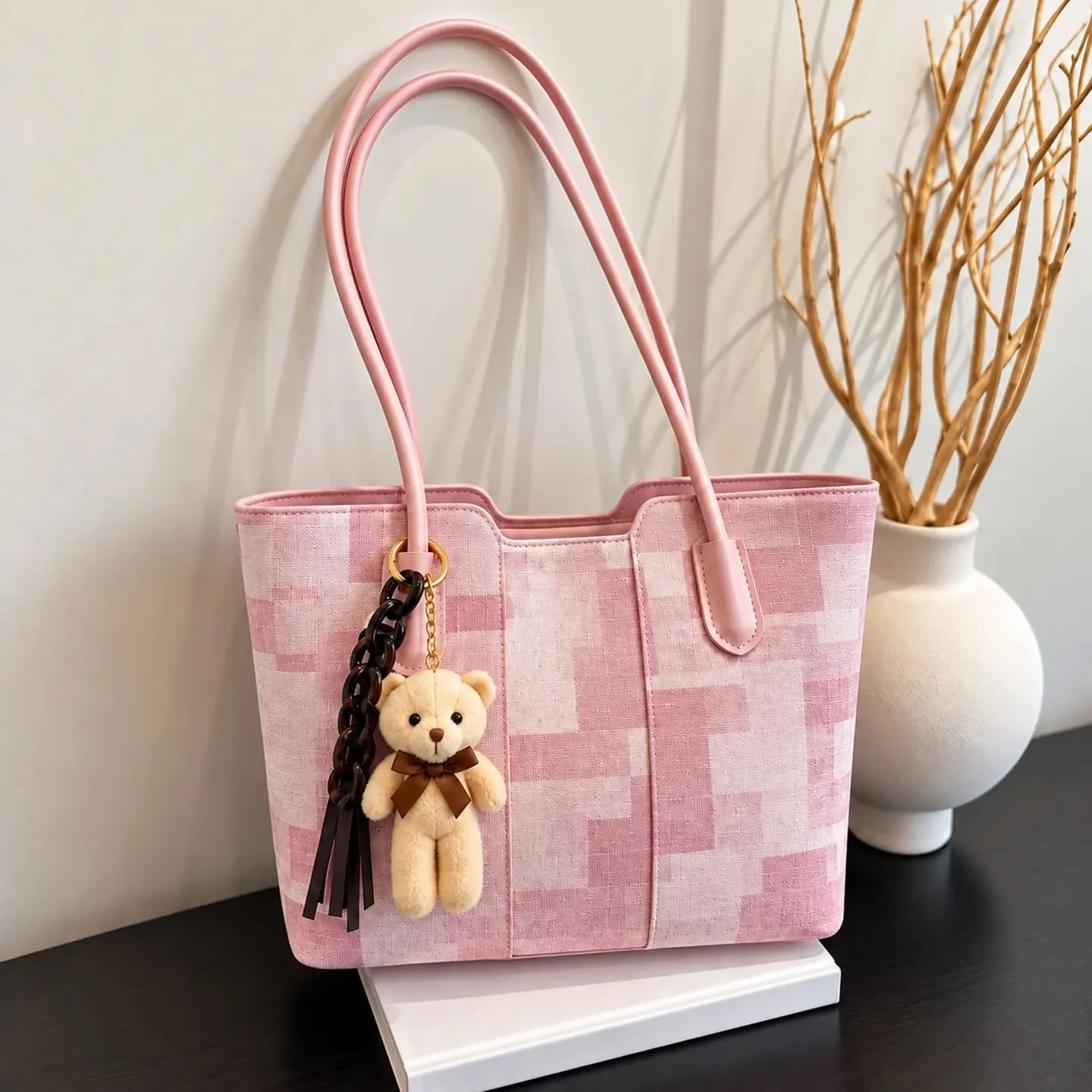 شنطة Teddy توت واسعة بالميدالية – بينك
