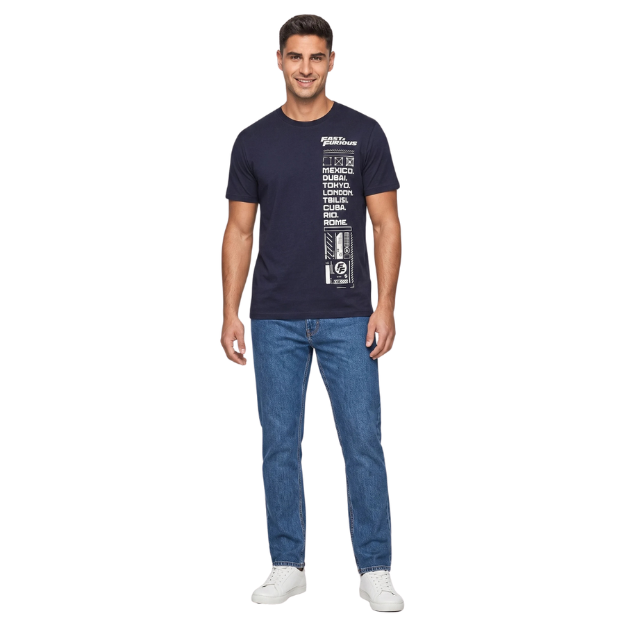 Fast & Furious, Men Crew Neck Short Sleeve Graphic Print T-Shirt, Navy