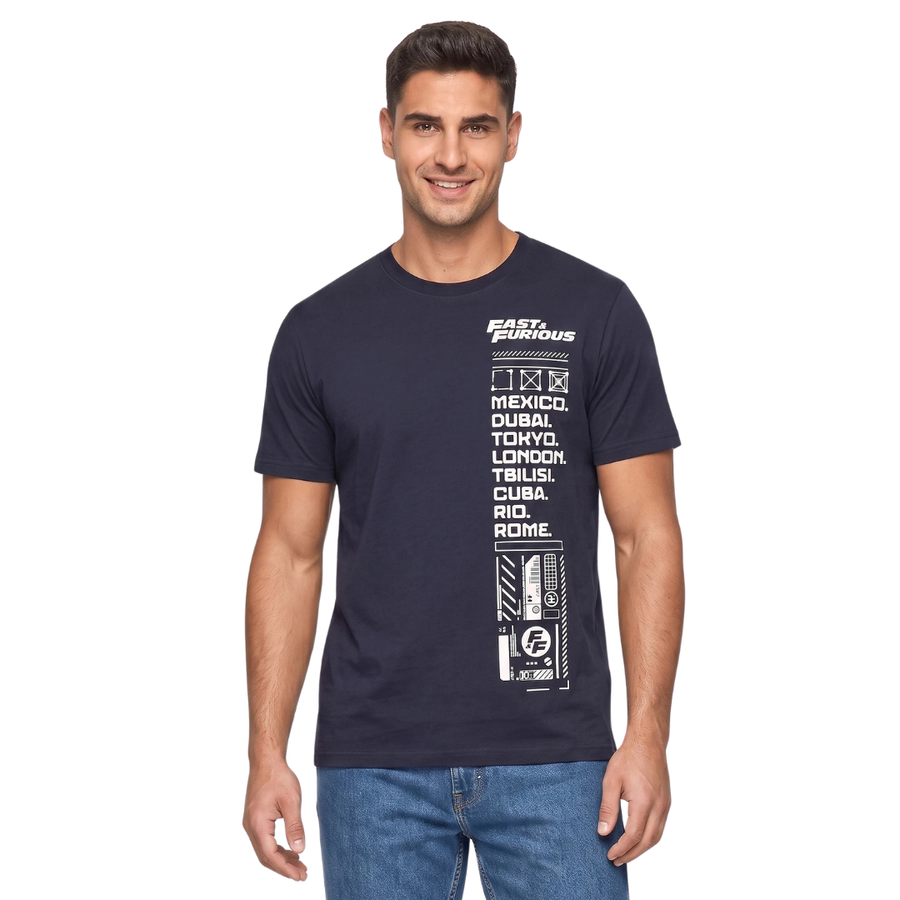 Fast & Furious, Men Crew Neck Short Sleeve Graphic Print T-Shirt, Navy