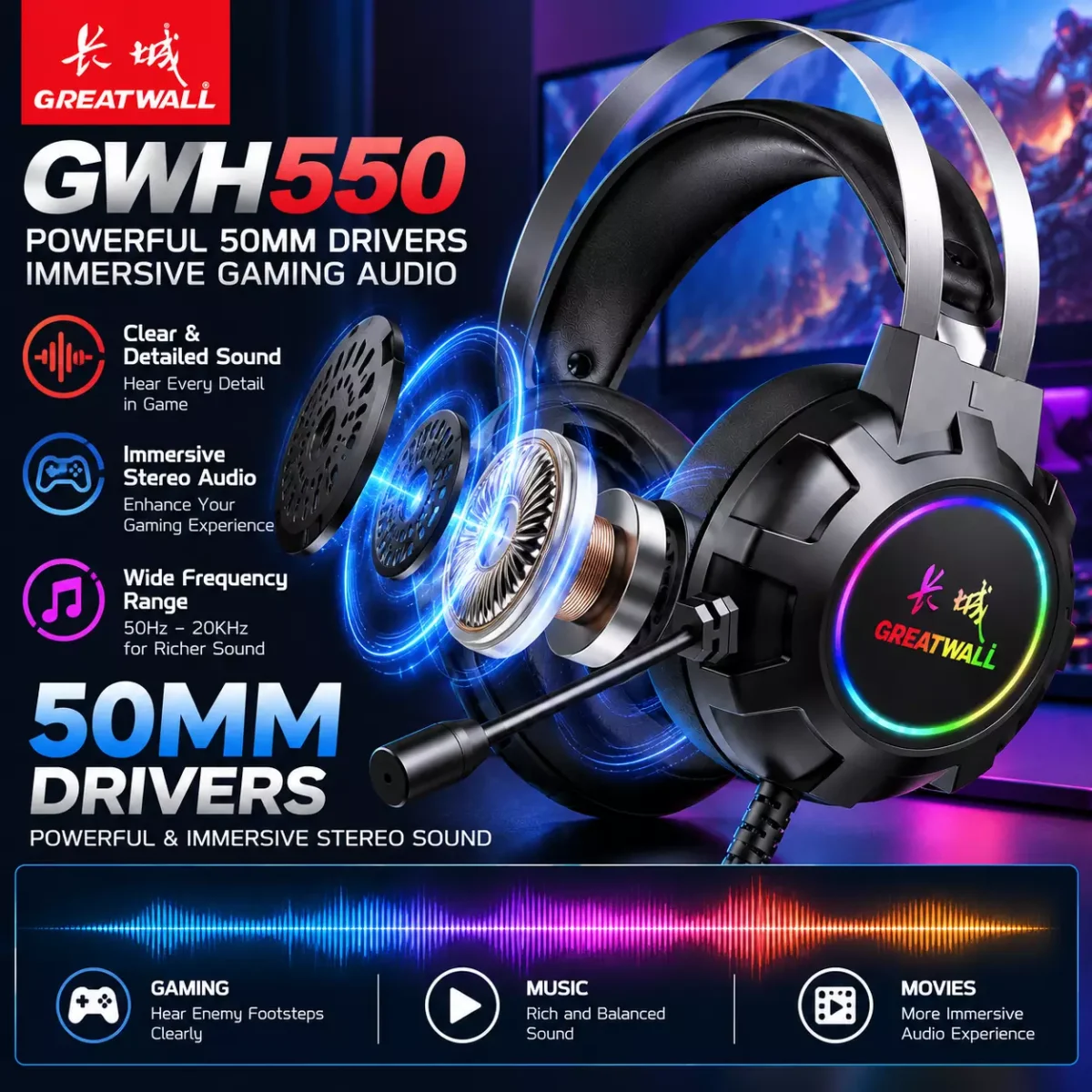 سماعة ألعاب USB بإضاءة RGB من GREATWALL – GWH550 Gaming Headset
